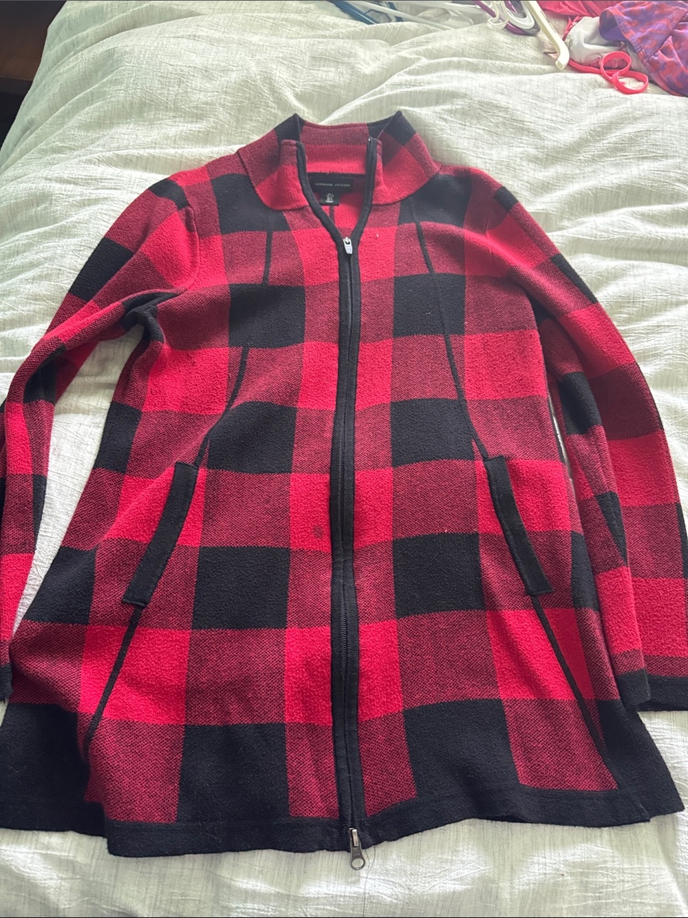 Adrienne Vittadini Red and Black Buffalo Plaid Zip Jacket